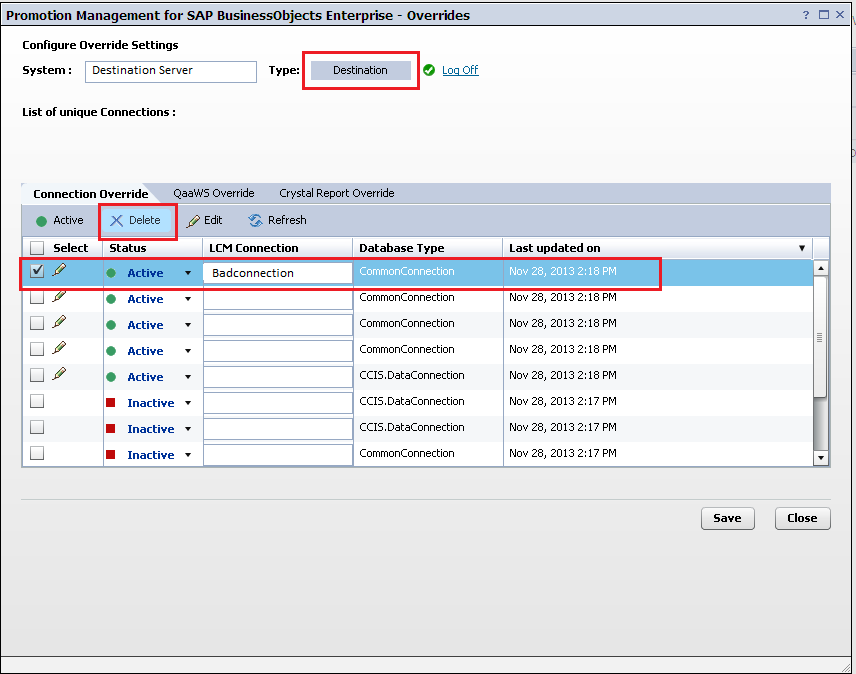 Delete bad LCM Override from Destination